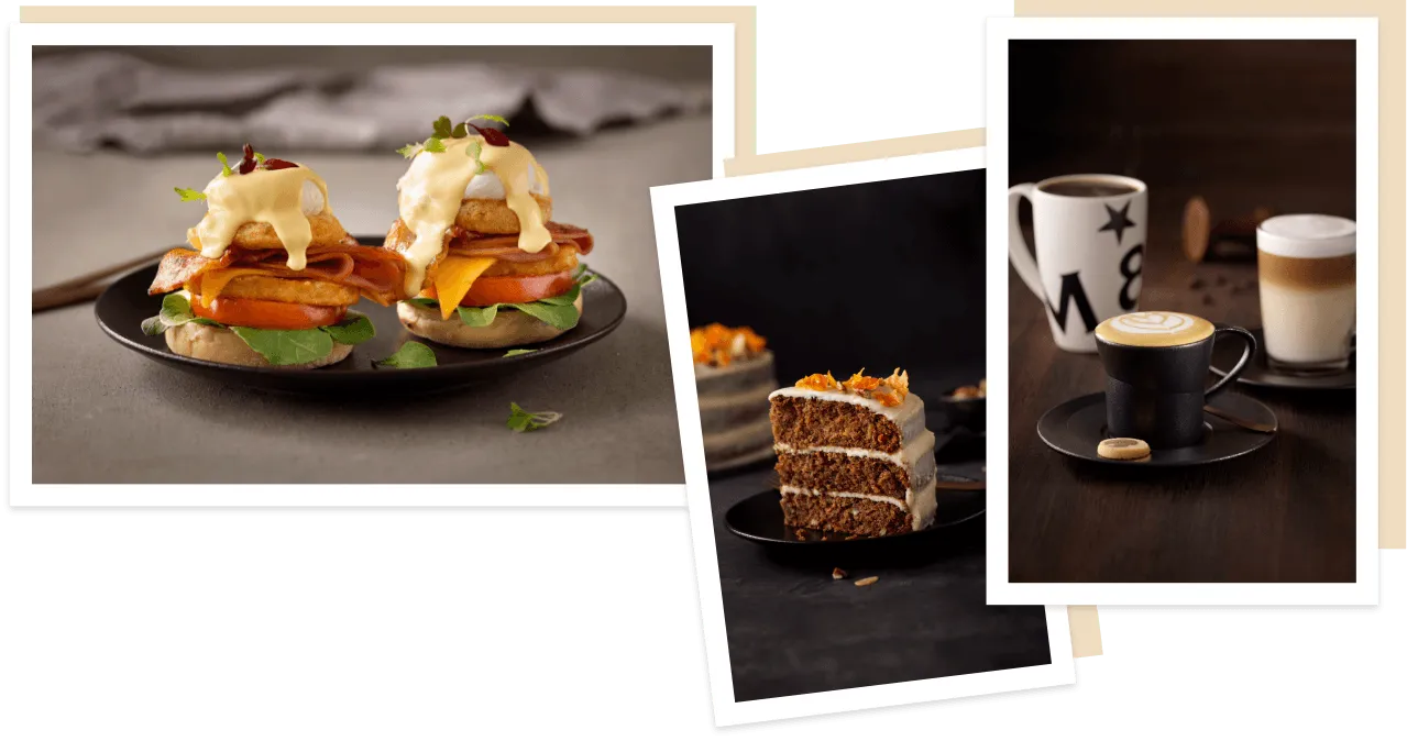 Two poached eggs with carrot cake and coffee