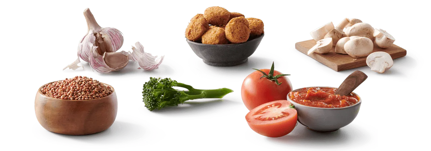 A spread of fresh ingredients including tomatoes, cheese, garlic, and herbs