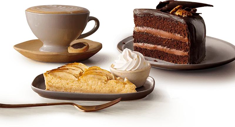 Cappuccino with slices of cake and tart Satay Beef & Noodle Salad