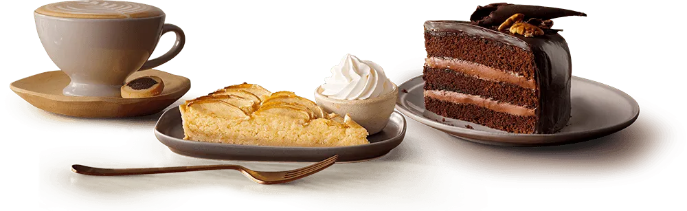 Satay Beef & Noodle Salad Cappuccino with slices of cake and tart