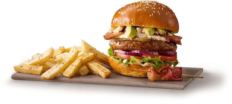 Avo and bacon burger with crispy fries Avo and bacon burger with crispy fries