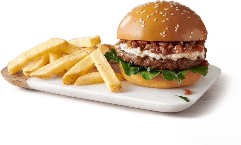 Bacon and jam burger with crispy fries SBacon and jam burger with crispy fries