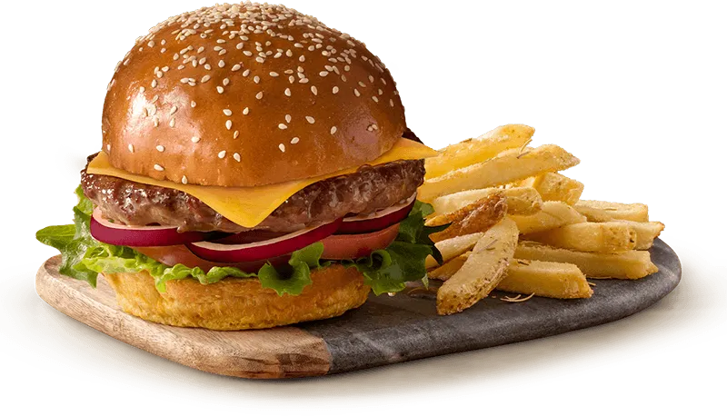 Gourmet cheese burger with crispy fries Gourmet cheese burger with crispy fries