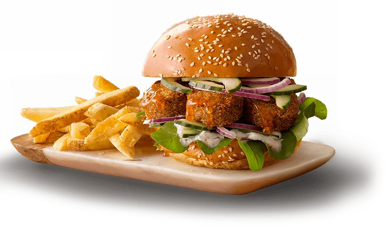 Falafel patty in a sesame bun with fresh veggies with crispy fries Falafel patty in a sesame bun with fresh veggies with crispy fries