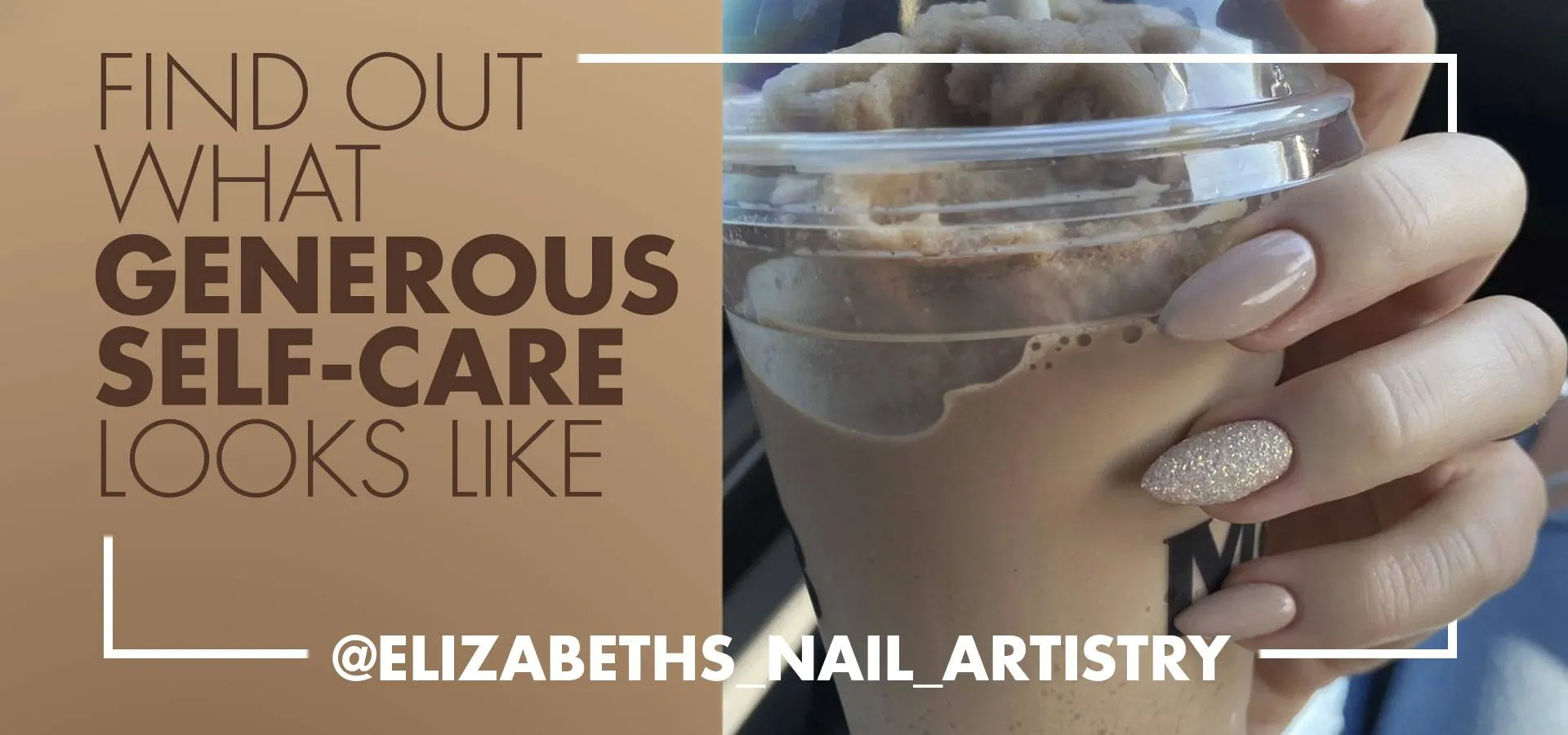 A woman with a colorful manicure holding a cup of coffee