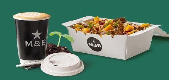 Takeaway meal and coffee cup with little plant