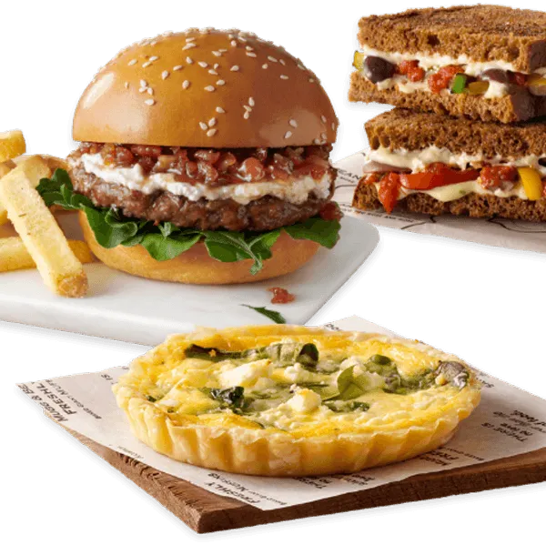 Quiche, burger and toasted sandwich