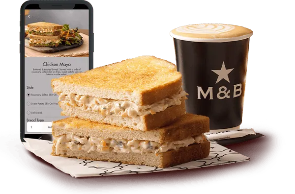 Mugg & Bean app on a phone with toasted sandwich and takeaway coffee