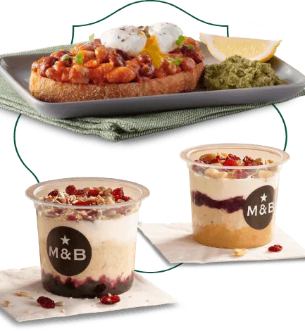 Plant based beans on toast breakfast with two breakfast dessert cups alongside Plant based beans on toast breakfast with two breakfast dessert cups alongside
