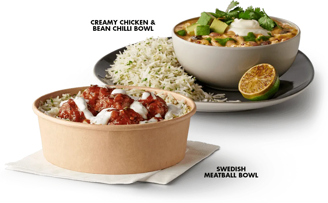 Creamy chicken & bean chilli bowl and swedish meatball bowl