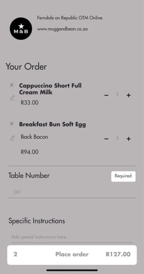 Screenshot of App - Place Order