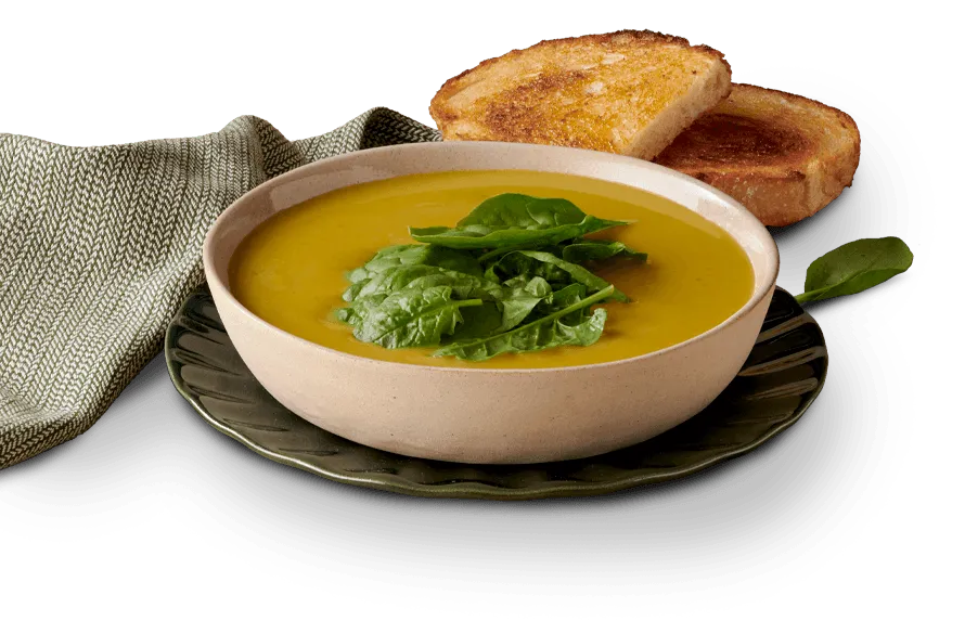 Plant based soup in porcelain bowl on a side plate with 2 slide toasted bread and napkin Plant based soup in porcelain bowl on a side plate with 2 slide toasted bread and napkin