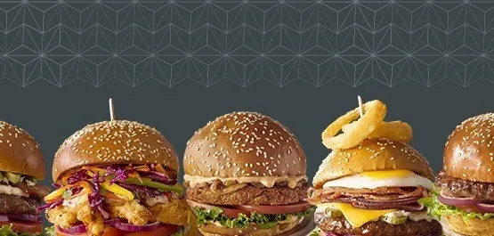 5 Gourmet Burgers on a grey background