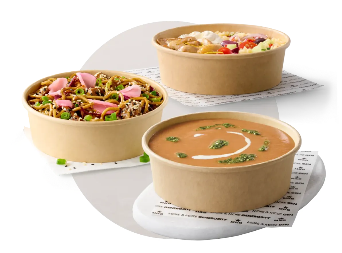 Mugg & Bean On-The-Move lunch bowls: a noodle bowl, a cup of tomato soup and a fresh salad bowl