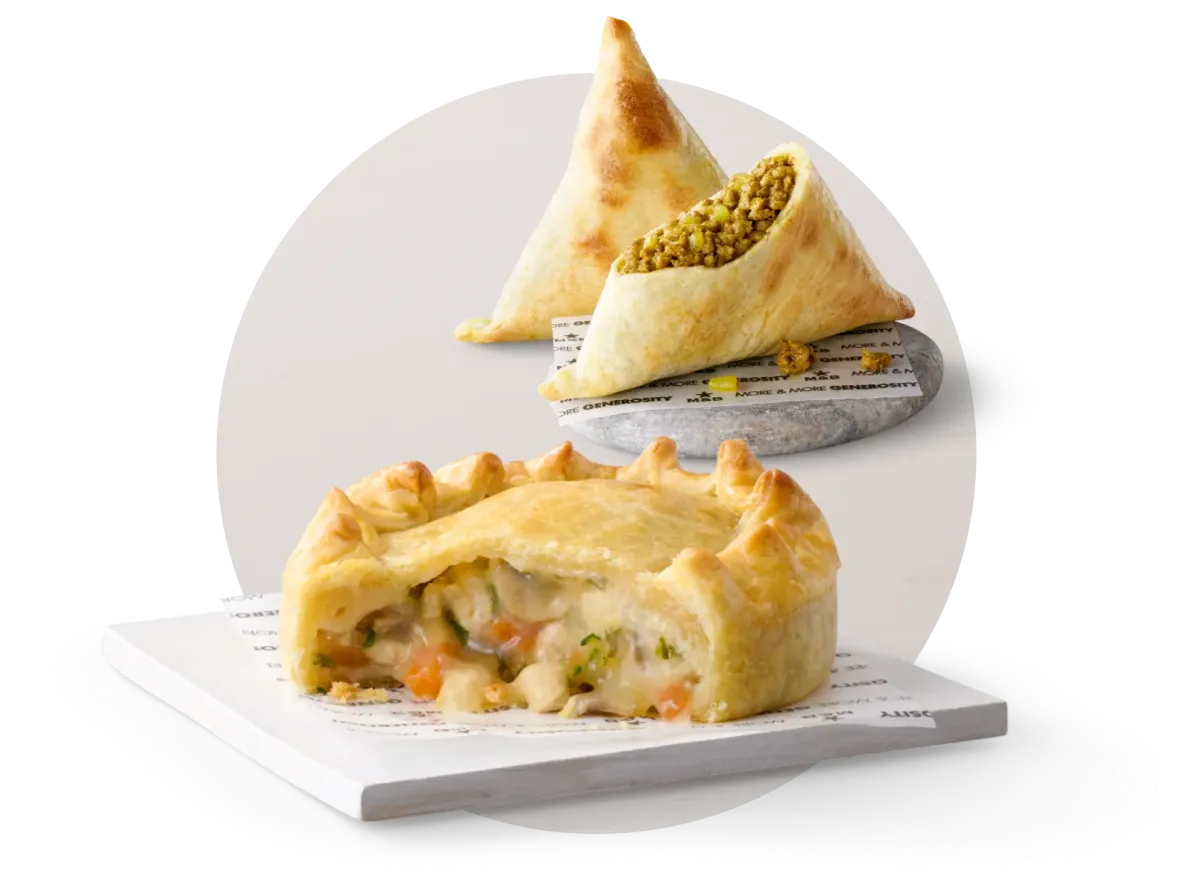 A samosa and a creamy chicken and mushroom pot pie from Mugg & Bean On-The-Move