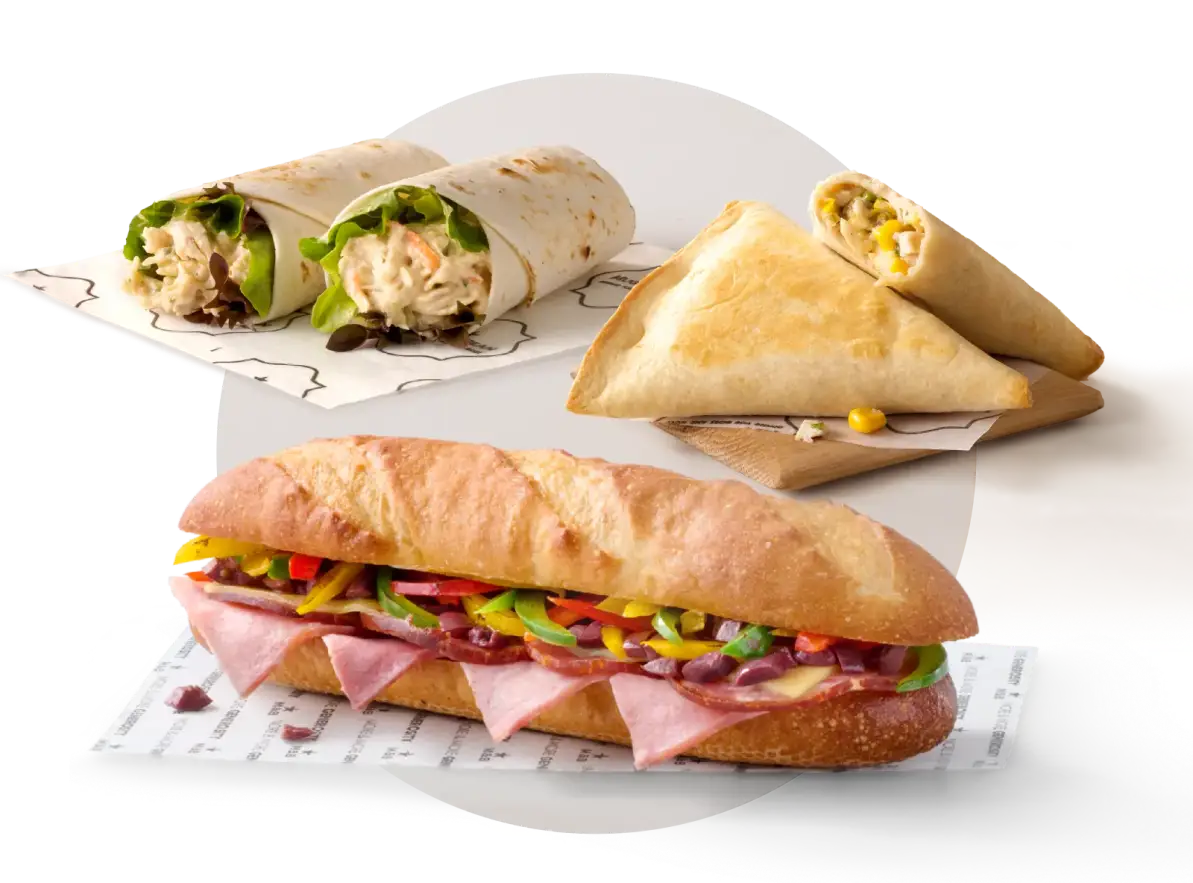 A chicken mayo wrap, a filled corn wrap and a Mediterranean-style ham and salami baguette from Mugg & Bean On-The-Move