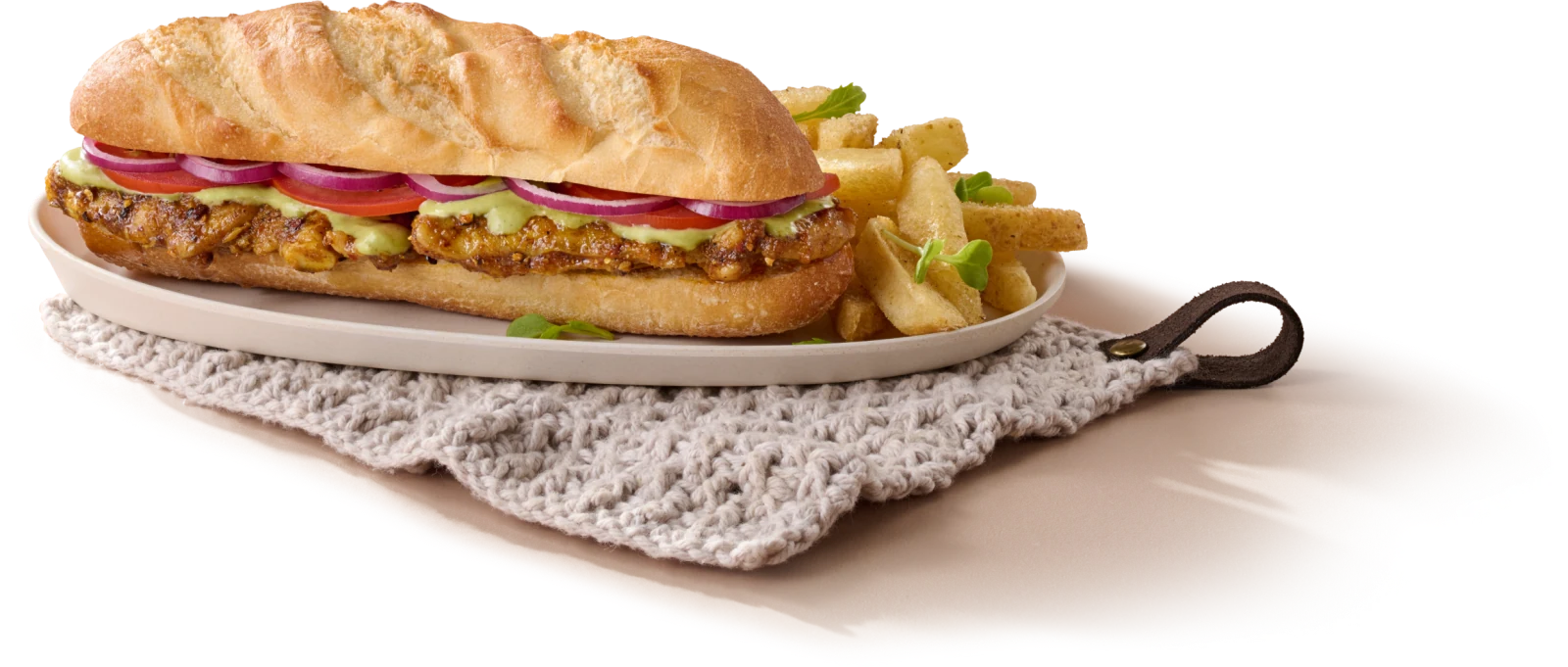 Butter Chicken Baguette served with skin-on fries