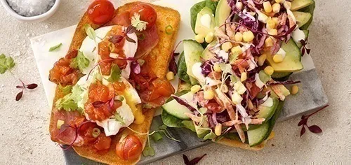 Fresh open sandwich with green garden salad