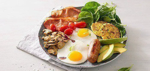 Country style breakfast with bacon, egg and sausage
