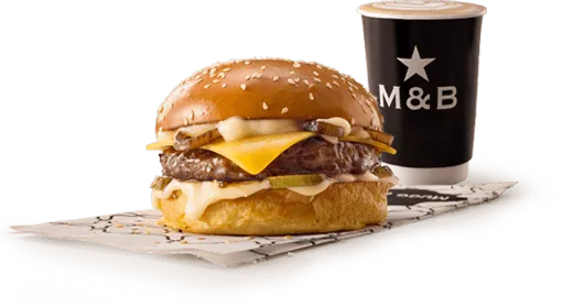 Beef burger and M&B takeaway coffee