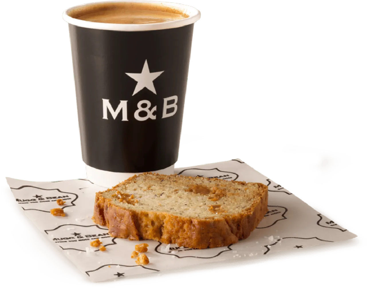 Salted caramel loaf slice and coffee in a takeaway cup Salted caramel loaf slice and coffee in a takeaway cup