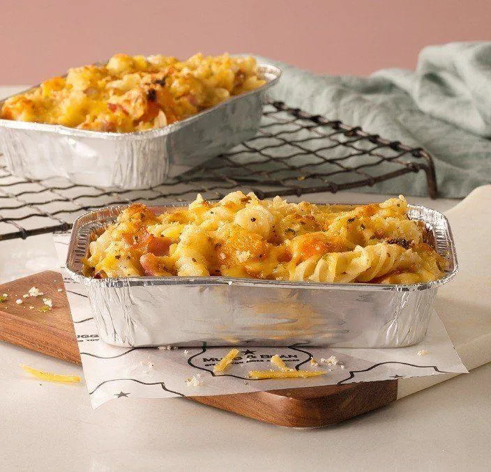 A cheesy pasta bake with a golden crust A cheesy pasta bake with a golden crust