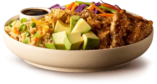 Bowl of sesame-crusted beef, vegetables, avocado slices Bowl of sesame-crusted beef, vegetables, avocado slices
