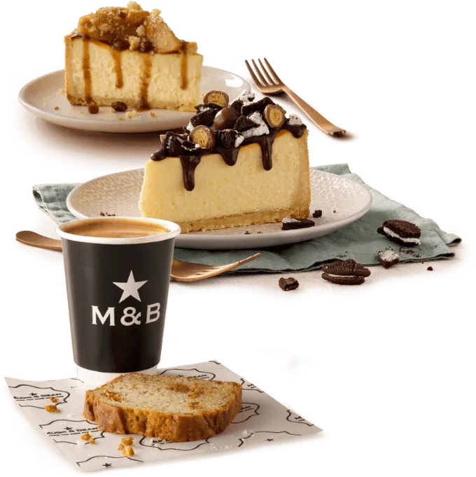 Baked treats with slice of banana bread and takeaway coffee