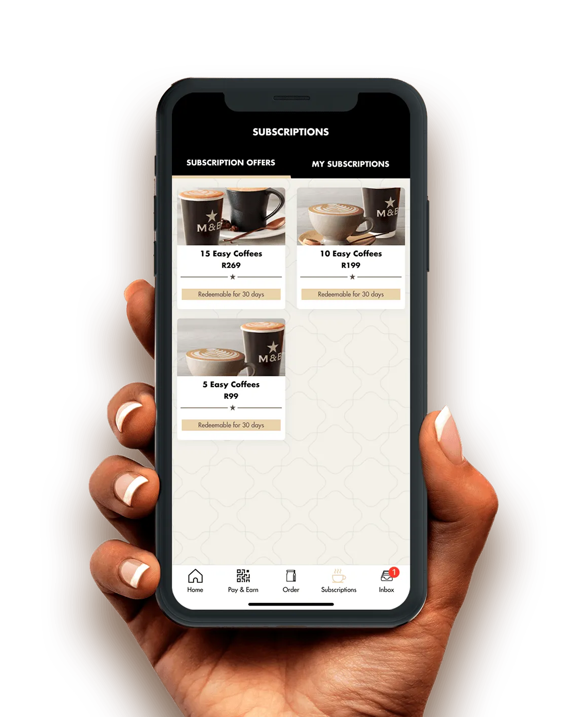 Hand holding a phone displaying the Mugg & Bean coffee subscription app on the screen