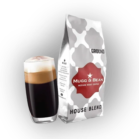 House blend coffee beans and mug of coffee