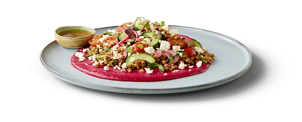 Beetroot hummus on a plate with veggies