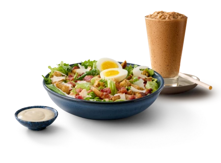 M&B coffee and sausage roll with sorghum nourish bowl