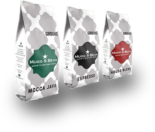 Mugg & Bean coffee packaging with a cup of coffee in the background