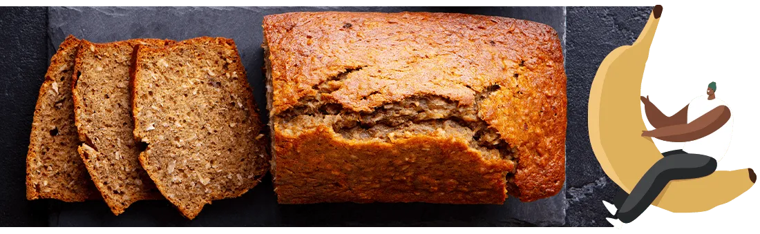 Sliced banana loaf on a slab with cartoon character riding banana