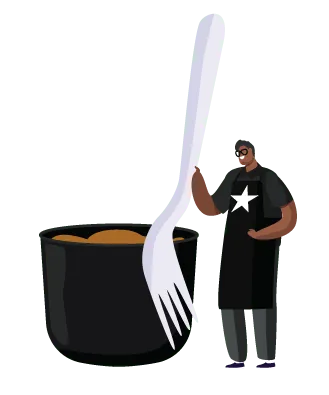 Illustration of man holding giant fork next to a bowl