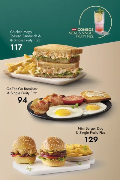 New combos banner: Meal & Single Fruity Fizz promotion with a layered Fruity Fizz garnished with lemon and mint; Chicken Mayo Toasted Sandwich with fries; On-The-Go Breakfast with fried eggs, bacon, grilled tomato and toast; and Mini Burger Duo sliders with fries and an Easy Cappuccino.