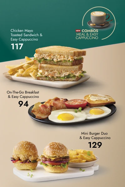 New combos banner: Meal & Easy Cappuccino promotion with a cappuccino and latte art; Chicken Mayo Toasted Sandwich with fries; On-The-Go Breakfast with fried eggs, bacon, grilled tomato and toast; and Mini Burger Duo sliders with fries.