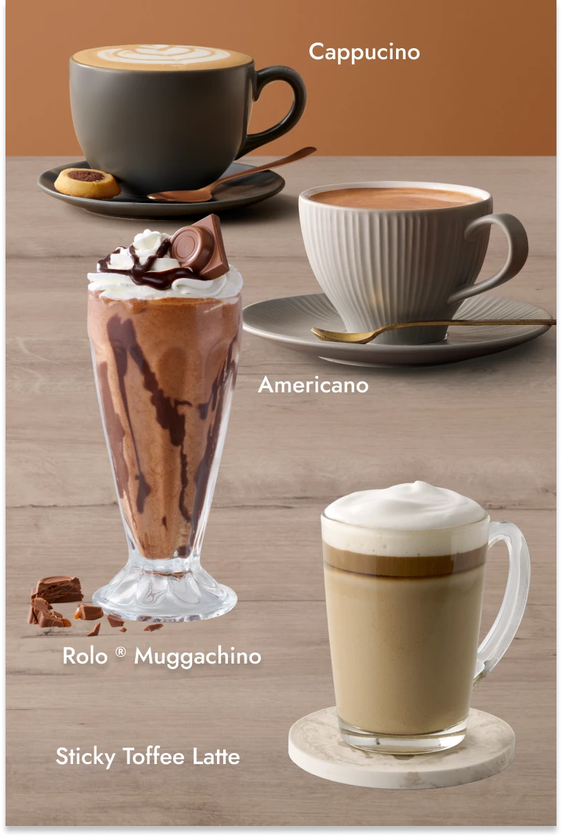 Coffee mugs and cups showcasing different types of coffee