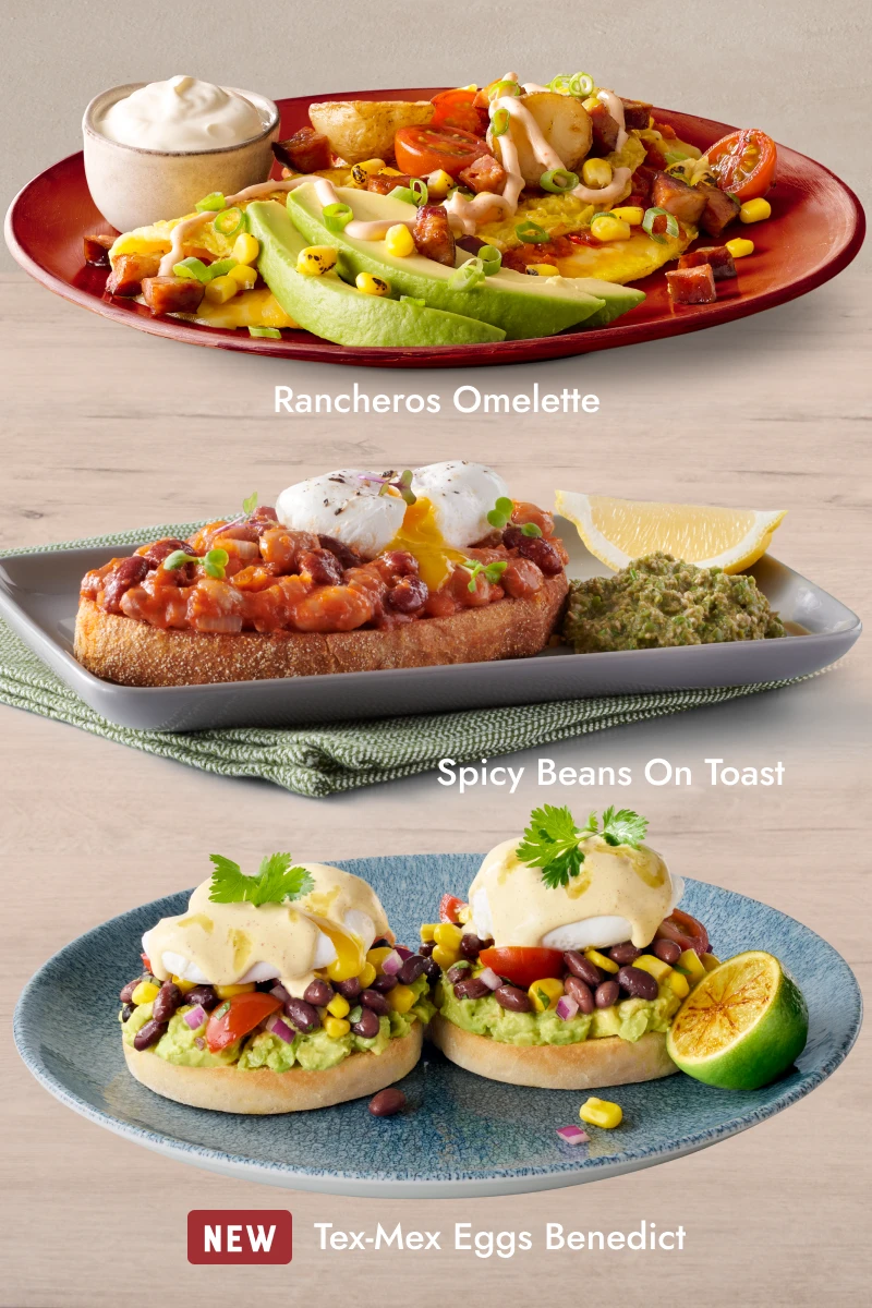 Rancheros Omellete, Spicy beans on toast, South African egg benedict