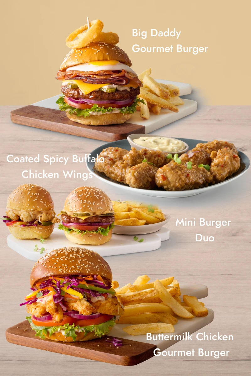 A variety of burgers and bites — Big Daddy Gourmet Burger, Mini Burger Duo, BBQ Cheddar Burger, and Coated Buffalo Chicken Wings — each served with fries or dip.