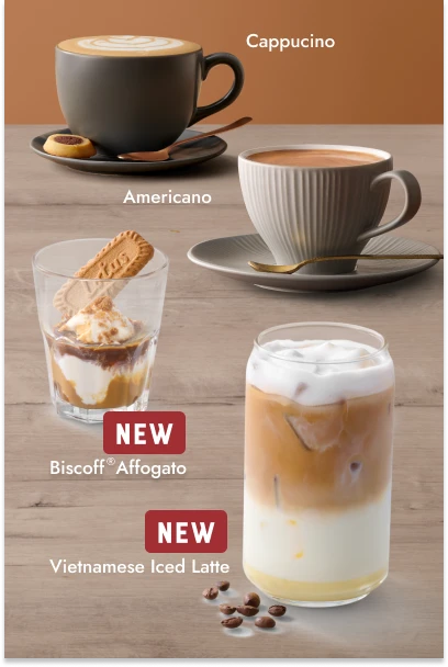 Coffee mugs and cups showcasing different types of coffee