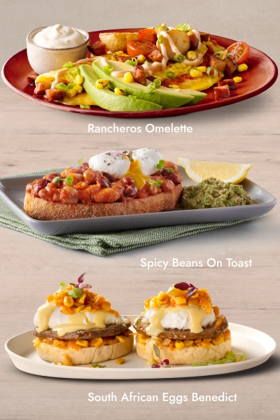 Rancheros Omellete, Spicy beans on toast, South African egg benedict