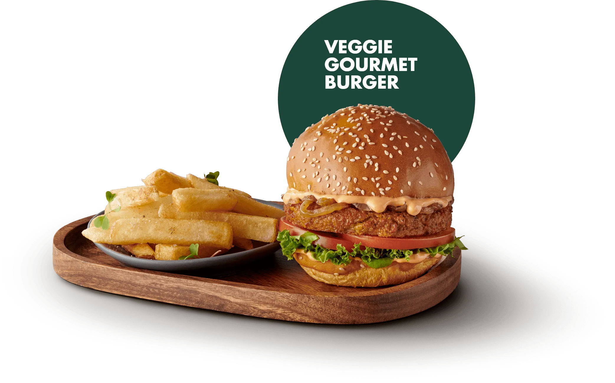 A veggie gourmet burger with fresh lettuce, tomato, pickles, and a soft bun